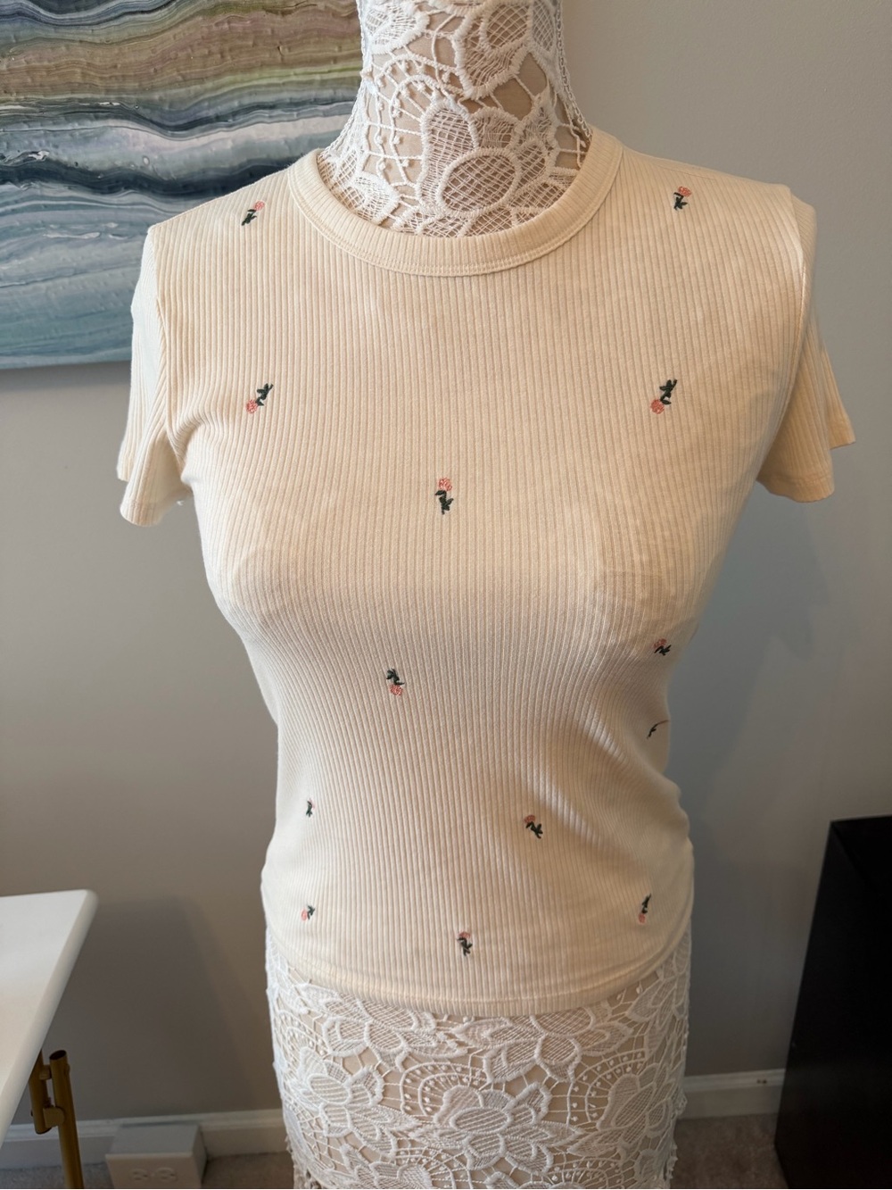 American Eagle Cream Ribbed Short-Sleeve Top with Rose Embroidery
